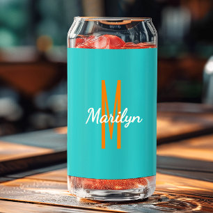 Initial Name   Dark Turquoise Orange Beverage Can Glass
