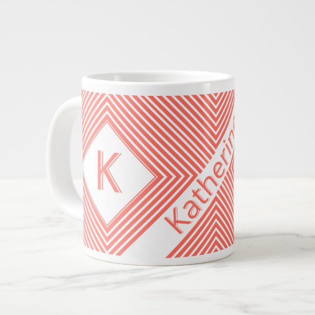 Initial Name | Funky Diagonal Coral/White Stripes Large Coffee Mug (Front Left)