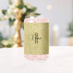 Initial Name, Gold Glitter Print Beverage 16oz Can Glass
