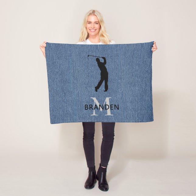 Initial Name Man Golfer, Blue Denim Print Fleece Blanket (In Situ)