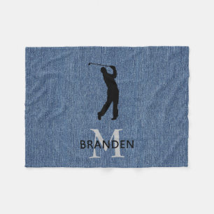 Initial Name Man Golfer, Blue Denim Print Fleece Blanket