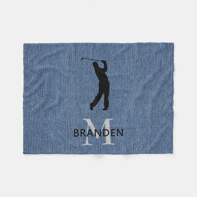 Initial Name Man Golfer, Blue Denim Print Fleece Blanket (Front (Horizontal))