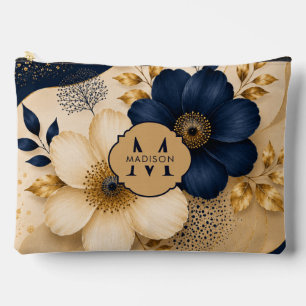 Initial Name on Navy Blue & Gold Botanical Floral Accessory Pouch