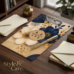 Initial Name on Navy Blue & Gold Botanical Floral Clipboard