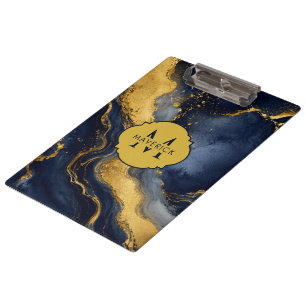 Initial Name on Navy Gold Abstract Marble FluidArt Clipboard