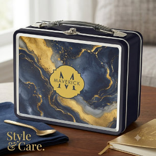 Initial Name on Navy Gold Abstract Marble FluidArt Metal Lunch Box