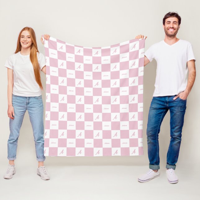 Initial Name Square Check Pink Girly Modern Fleece Blanket (In Situ)