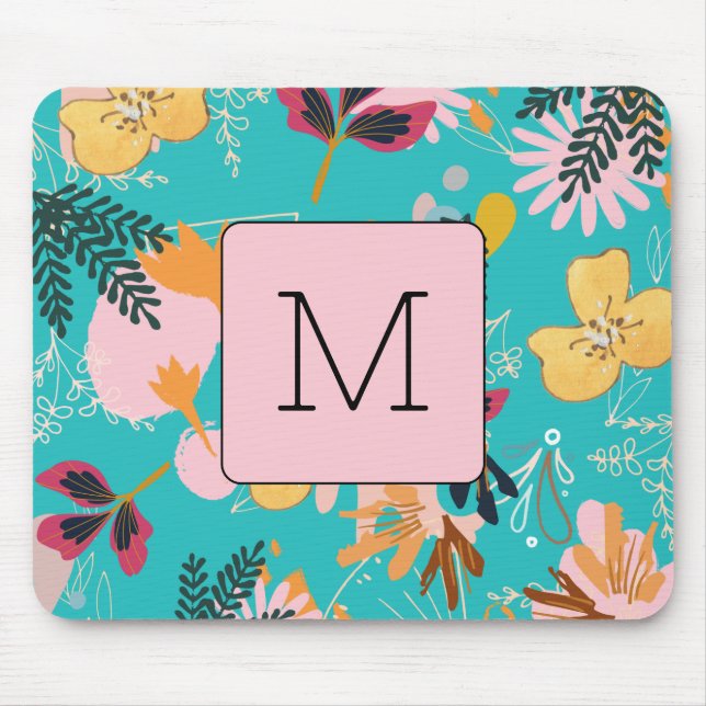 Initial Nature lovers Blue Pink floral Abstract Mouse Mat (Front)