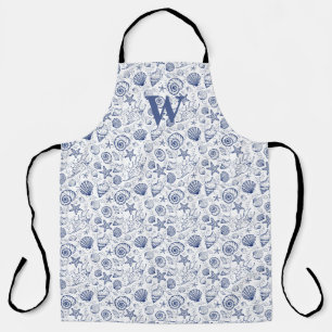 Initial Nautical Seashells Blue and White Apron