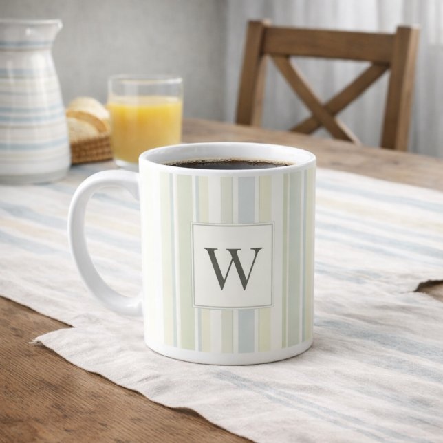 Initial Neutral Dusty Blue Stripe Rustic Farmhouse Coffee Mug (Creator Uploaded)