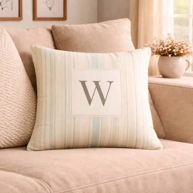 Initial Neutral Dusty Blue Stripe Rustic Farmhouse Cushion (Creator Uploaded)