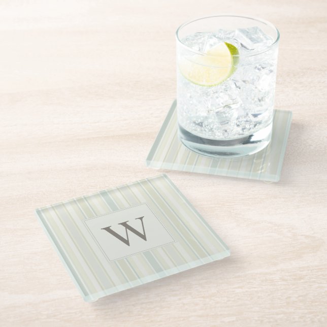 Initial Neutral Dusty Blue Stripe Rustic Farmhouse Glass Coaster (Angled)