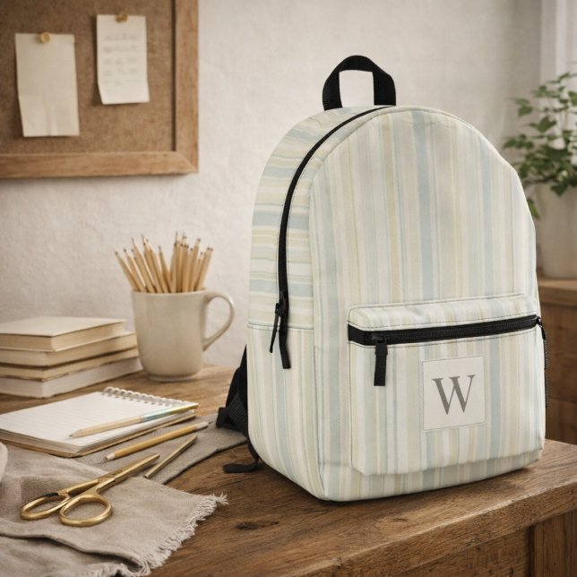 Initial Neutral Dusty Blue Stripe Rustic Farmhouse Printed Backpack (Creator Uploaded)