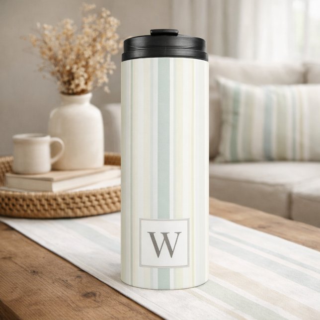Initial Neutral Dusty Blue Stripe Rustic Farmhouse Thermal Tumbler (Creator Uploaded)