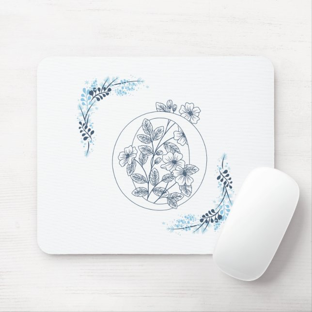 Initial "O" Blue Monogram Calm Floral Mouse Mat (With Mouse)