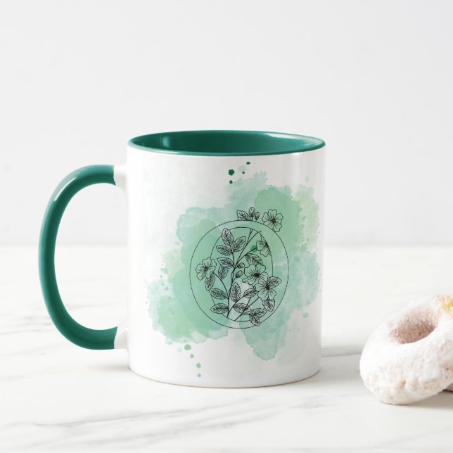 Initial O Watercolor Monogram Green Botanical  Mug (With Donut)