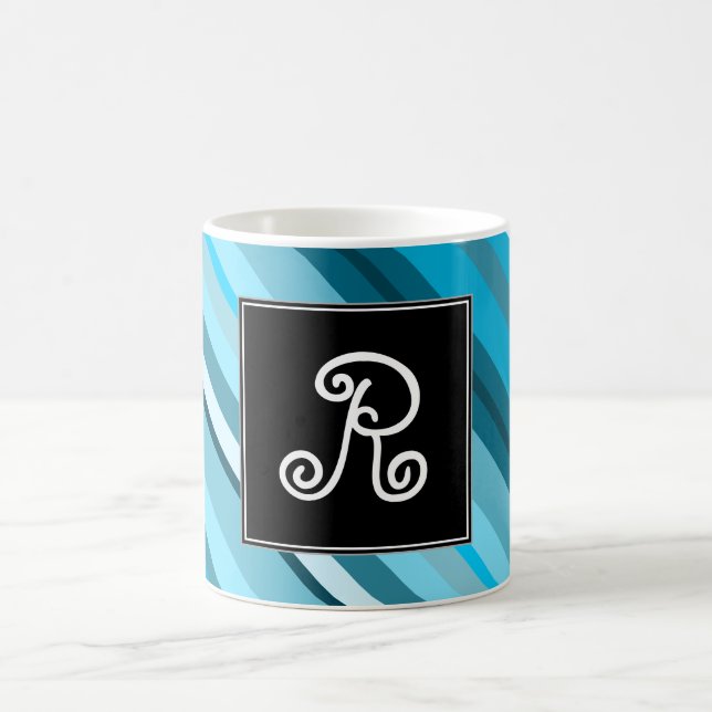 Initial + Ocean-Inspired Blue/Teal/Aqua Stripes Coffee Mug (Center)