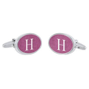 Initial on Orchid Denim Print Oval Silver Plated Silver Finish Cufflinks
