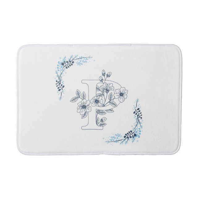 Initial "P" Blue Monogram Calm Floral Bath Mat (Front)
