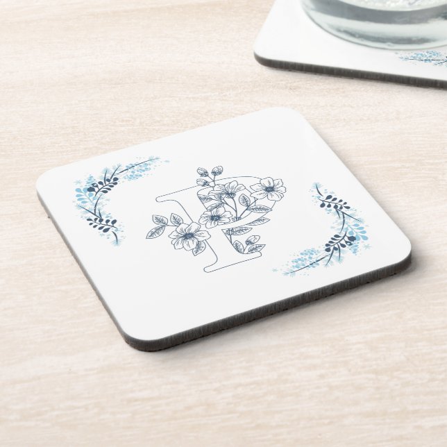 Initial "P" Blue Monogram Calm Floral Coaster (Left Side)