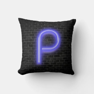 Initial P In Neon Marquee On Brick  Cushion