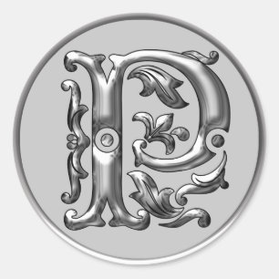 Initial P Round Sticker in silver