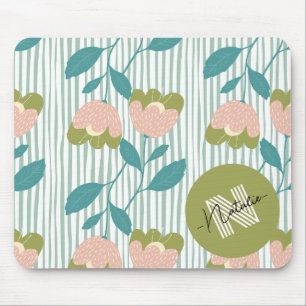 Initial Pastel watercolor olive and blue Flowers Mouse Mat