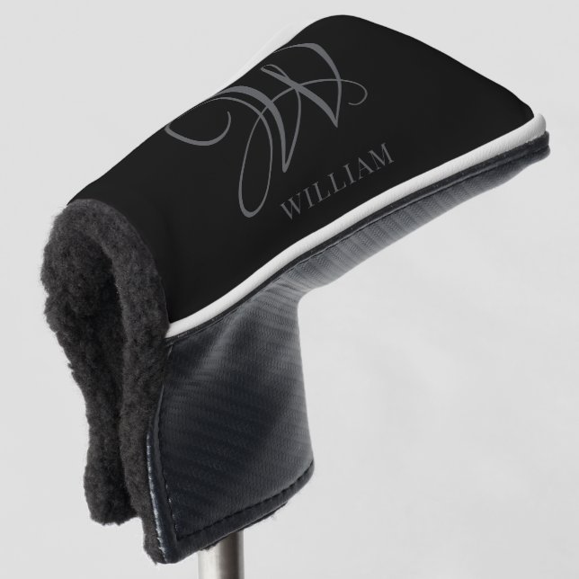 Initial Personalised Elegant Black Grey Monogram  Golf Head Cover (3/4 Front)
