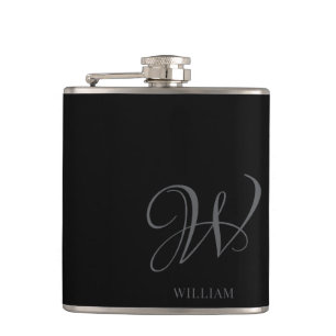Initial Personalised Elegant Black Grey Monogram Hip Flask