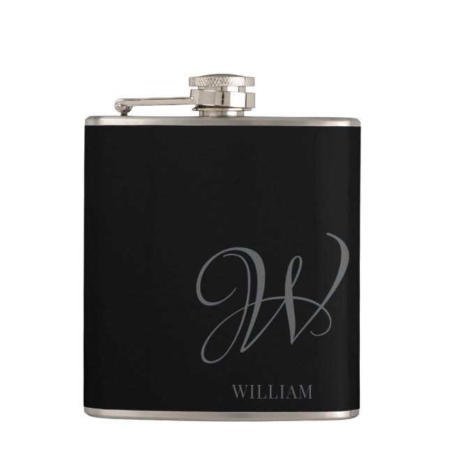 Initial Personalised Elegant Black Grey Monogram  Hip Flask (Front)
