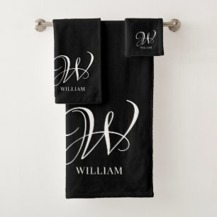 Initial Personalised Elegant Black Monogram  Bath Towel Set