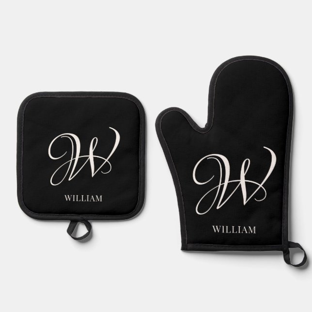 Initial Personalised Elegant Black Monogram  Oven Mitt & Pot Holder Set (Front)