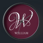Initial Personalised Elegant Burgundy Monogram  Clock<br><div class="desc">Simple stylish custom initial monogram in modern typography. Perfect custom gift with a personal touch</div>