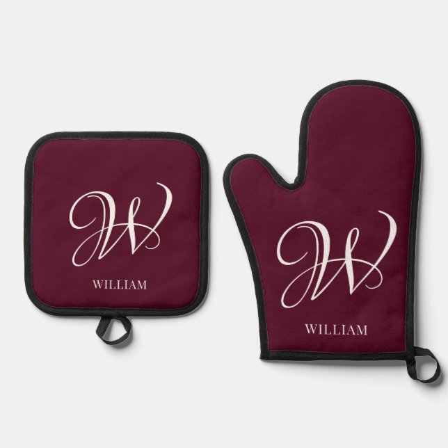 Initial Personalised Elegant Burgundy Monogram  Oven Mitt & Pot Holder Set (Front)