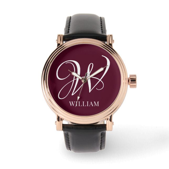Initial Personalised Elegant Burgundy Monogram  Watch (Front)