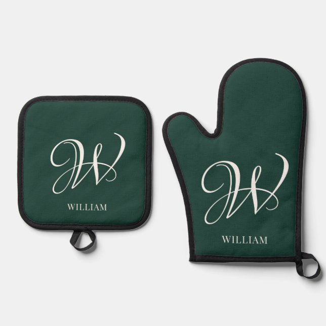 Initial Personalised Elegant Emerald Monogram  Oven Mitt & Pot Holder Set (Front)