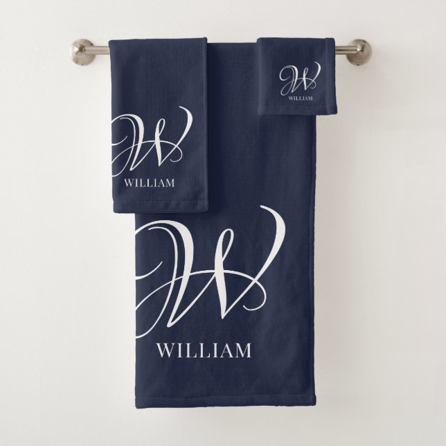 Initial Personalised Elegant Navy Blue Monogram  Bath Towel Set (Insitu)