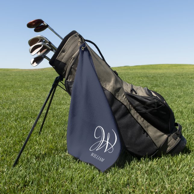 Initial Personalised Elegant Navy Blue Monogram  Golf Towel (Green)
