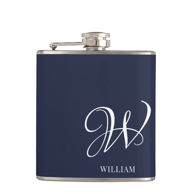 Initial Personalised Elegant Navy Blue Monogram  Hip Flask (Front)