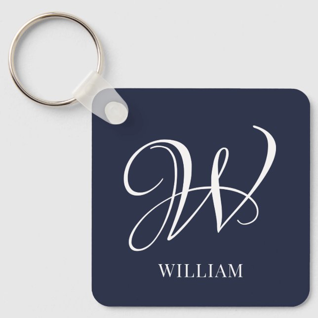 Initial Personalised Elegant Navy Blue Monogram  Key Ring (Front)