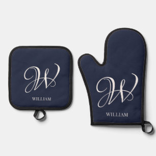 Initial Personalised Elegant Navy Blue Monogram  Oven Mitt & Pot Holder Set