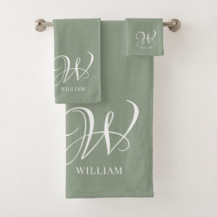 Initial Personalised Elegant Sage Green Monogram  Bath Towel Set