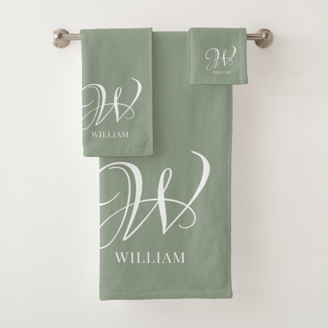 Initial Personalised Elegant Sage Green Monogram  Bath Towel Set (Insitu)