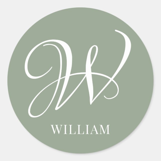 Initial Personalised Elegant Sage Green Monogram  Classic Round Sticker (Front)