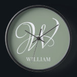 Initial Personalised Elegant Sage Green Monogram  Clock<br><div class="desc">Simple stylish custom initial monogram in modern typography. Perfect custom gift with a personal touch</div>