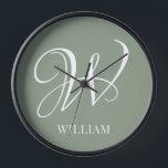 Initial Personalised Elegant Sage Green Monogram  Clock<br><div class="desc">Simple stylish custom initial monogram in modern typography. Perfect custom gift with a personal touch</div>