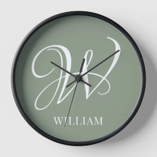 Initial Personalised Elegant Sage Green Monogram  Clock