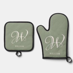 Initial Personalised Elegant Sage Green Monogram Oven Mitt & Pot Holder Set