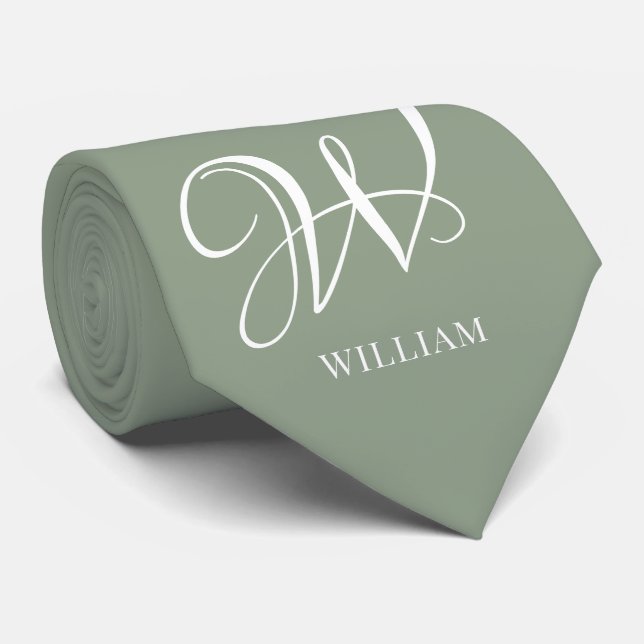Initial Personalised Elegant Sage Green Monogram  Tie (Rolled)