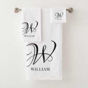 Initial Personalised Elegant White Monogram  Bath Towel Set